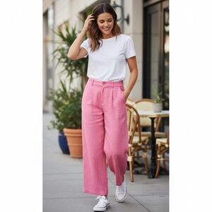 Women's Pink Linen Wide Leg Cropped‎ Pants Elastic Waist Button Fly Size M